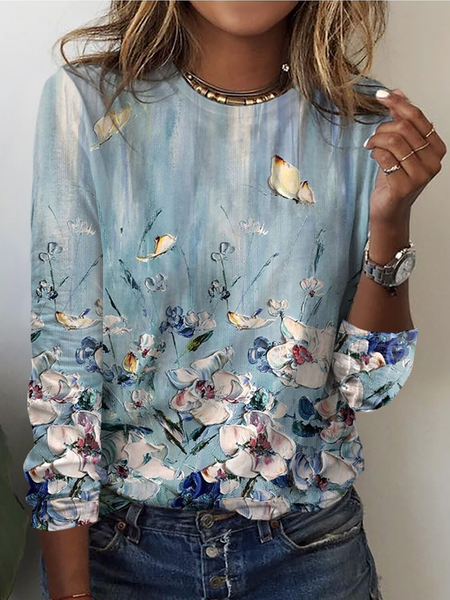 

Floral Crew Neck Casual Jersey T-Shirt, Blue, T-shirts
