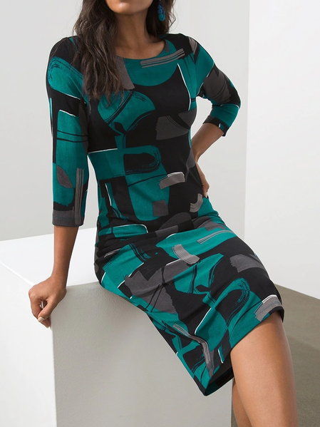 

Classic Print Color Block Casual Regular Fit Crew Neck Dress, Green, Dresses