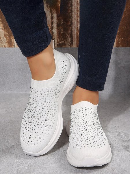 Plus Size Hot Drilling Mesh Fabric Slip On Sneakers, White, Sneakers