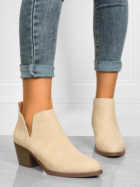 

Matte Leather Simple Casual Breathable Chunky Heel Ankle Boots, Apricot, Boots