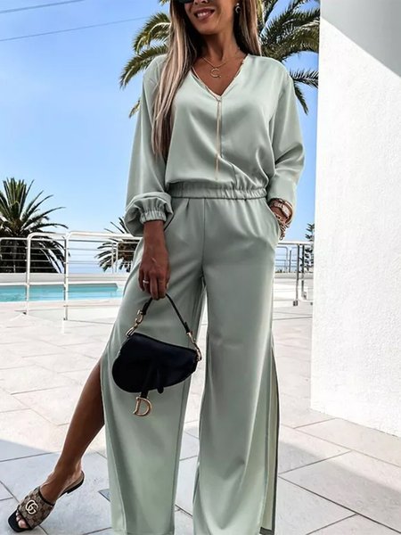 

Loose Vacation V Neck Two-Piece Set, Aqua, Suit Set