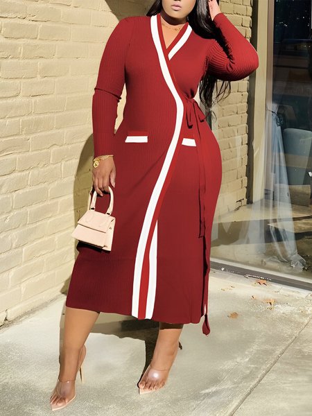 

Cross Neck Elegant Color Block Long Sleeve Tight Midi Dress, Red, Midi Dresses