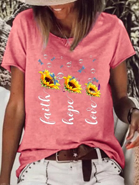 

Women's Sunflower Dragonfly Print Casual Crew Neck Letters T-Shirt, Red, T-shirts