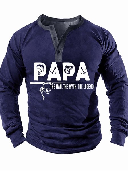 

Men’s Papa The Man The Myth The Legend Text Letters Regular Fit Casual Top, Deep blue, Long Sleeves