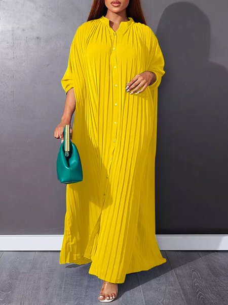 

Plain Pleated Urban Loose Shirt Dress, Yellow, Maxi Dresses