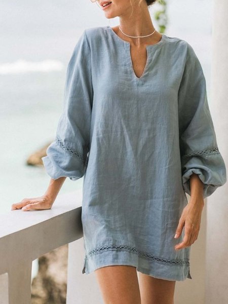 

Loose Notched Casual Cotton Dress, Blue, Dresses