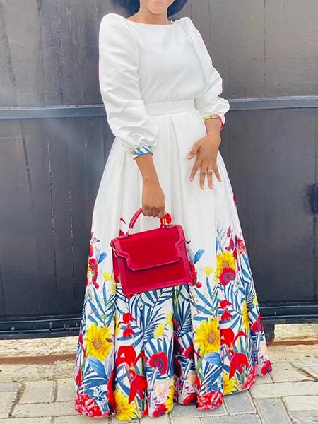 

Elegant Floral Crew Neck Regular Fit Dress, White, Maxi Dresses