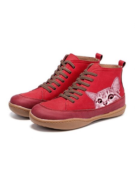 

Funny Cat Splicing Leather Casual Boots, Red, Boots