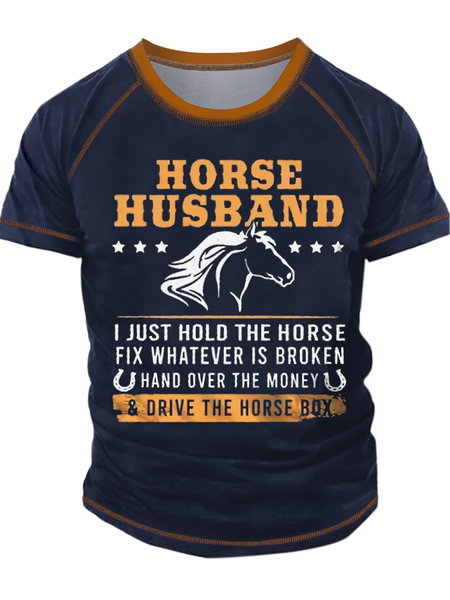 

Men's Horse Husband I Just Hold The Horse Fix Whatever Is Broken Hand Over The Money Funny Graphic Print Casual Text Letters Crew Neck T-Shirt, Dark blue, T-shirts