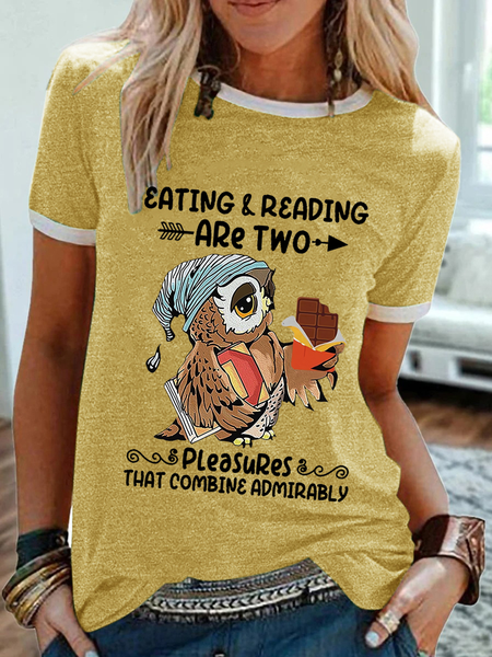 

Women's Owl Eating And Reading Are Two Pleasures That Combine Admirably Simple T-Shirt, Yellow, T-shirts