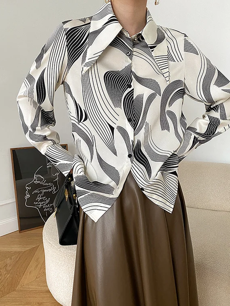 

Loose Shirt Collar Long sleeve Geometric Urban Blouse, White, Blouses and Shirts