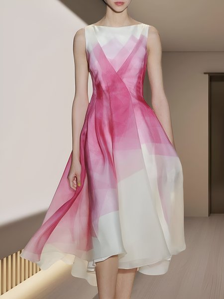 

Boat Neck Regular Fit Elegant Geometric Micro-Elasticity Organza Regular Size Party Dress, As picture, Midi Dresses