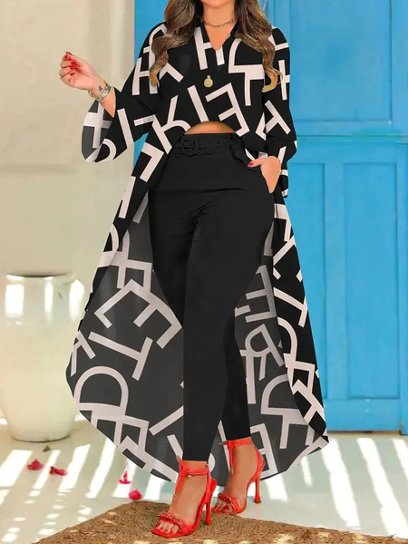 

V Neck Loose Long sleeve Urban Text Letters Long Blouse, Black, Blouses and Shirts