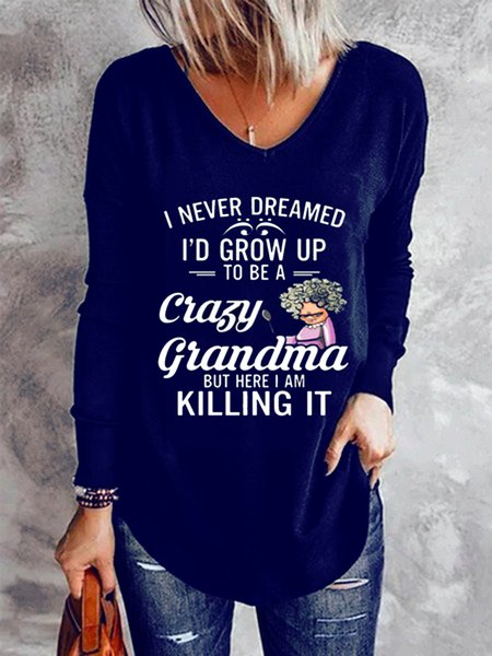 

Letters Long Sleeve V Neck Casual Tunic T-Shirt, Blue, T-Shirts
