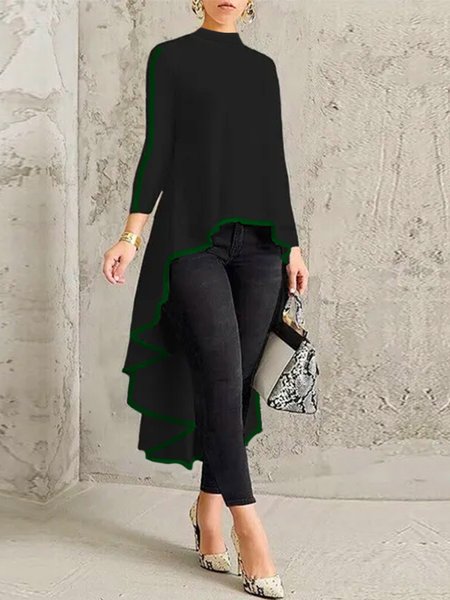 

Urban Color Block Stand Collar Irregular Craftsmanship Blouse, Black, Blouses and Shirts