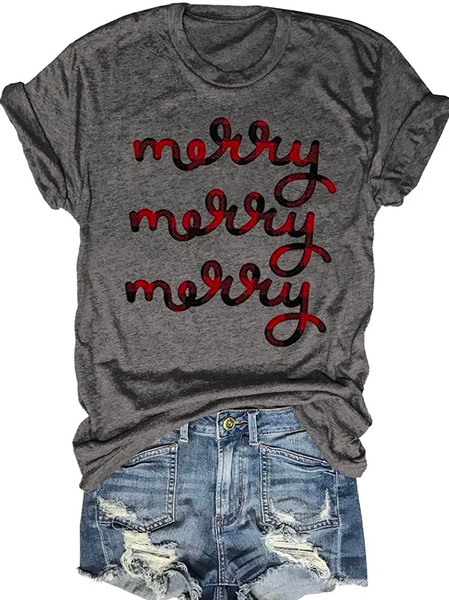 

Crew Neck Casual Text Letters Loose T-Shirt, Gray, T-Shirts