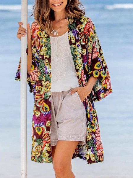 

Peacock Feather Holiday Loose Kimono, Multicolor, Cardigans