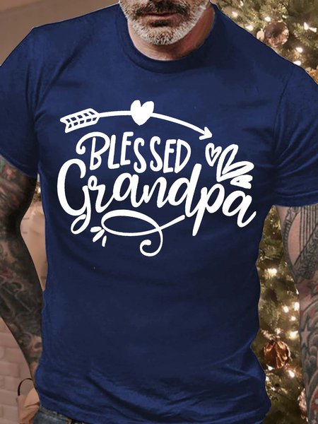 

Men’s Blessed Grandpa Couple Casual Text Letters Cotton Regular Fit T-Shirt, Deep blue, T-shirts