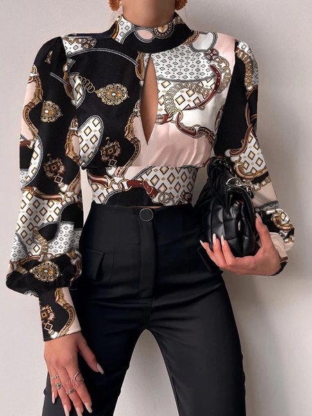 

Regular Fit Abstract Urban Stand Collar Long sleeve Regular Fit Blouse, As picture, Blouses and Shirts