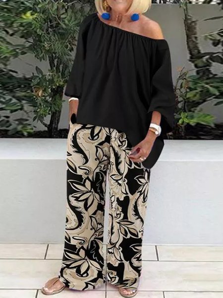 

Boat Neck Ethnic Loose Casual Two-Piece Set, Black, Suit Set