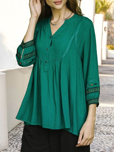 

Boho Plain Cotton-Blend Loose Blouse, Green, Shirts & Blouses