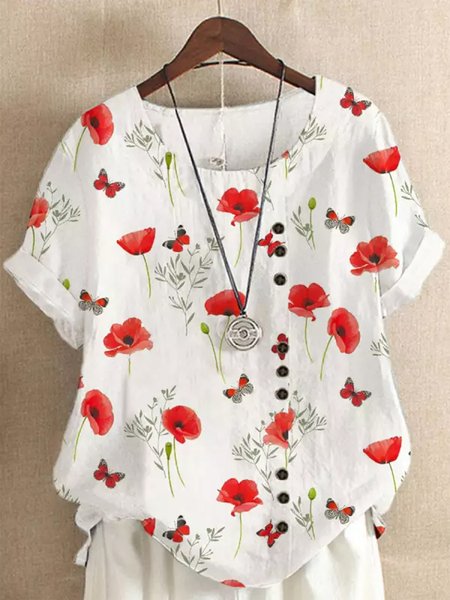 

Crew Neck Casual Floral Buttoned Top, White, Tops