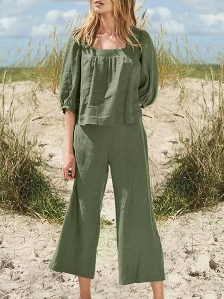 

Cotton Casual Plain Square Neck Two-Piece Set, Green, Suit Set