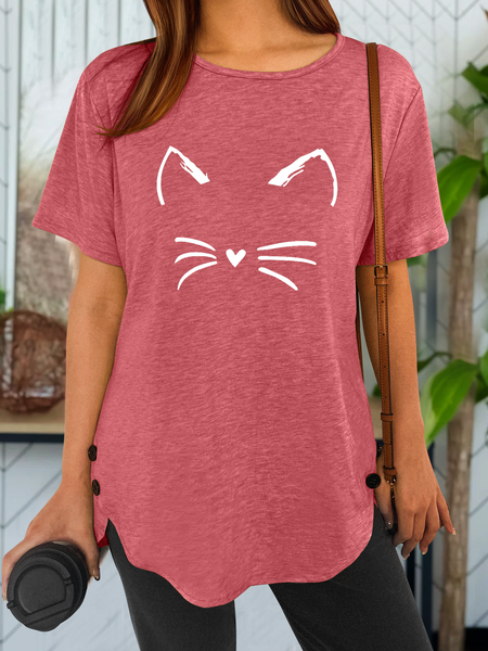 

Women's Funny Cat Cotton-Blend Crew Neck Loose Casual T-Shirt, Pink, T-shirts