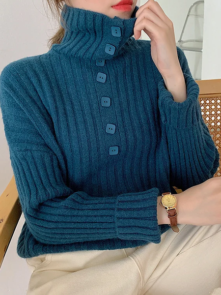

High Elasticity Turtleneck Plain Urban Long sleeve Sweater, Blue, Pullovers