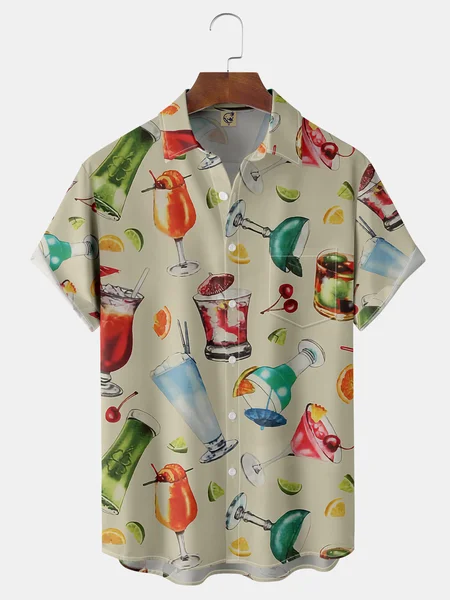 

Drinks Chest Pocket Short Sleeve Hawaiian Shirt, Khaki, Men Shirts