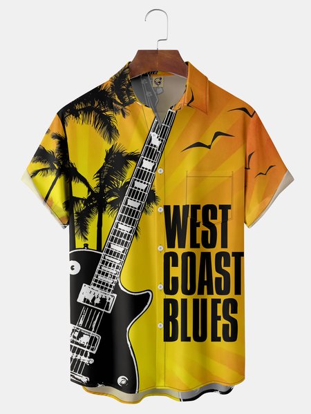 

Music Guitar Chest Pocket Short Sleeve Casual Shirt, Yellow, Men Shirts