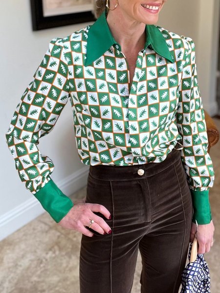 

Shirt Collar Urban Print Color Block Blouse, Green, Blouses and Shirts