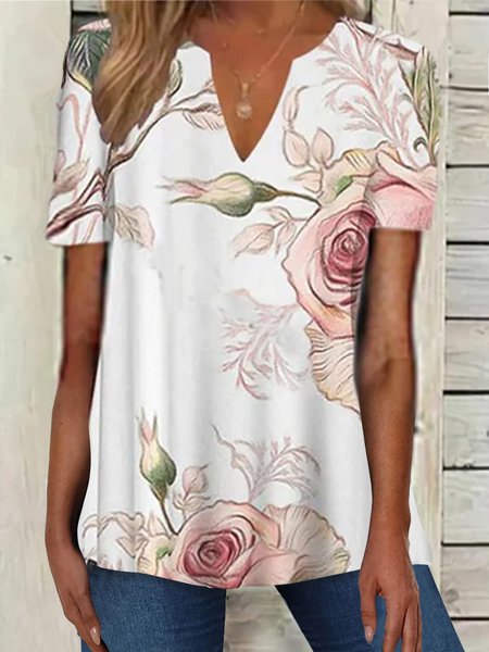 

Casual V Neck Floral Top, White, Tops
