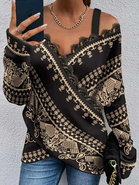 

Loose Lace Edge Vintage Knitted Top, Black, Tops