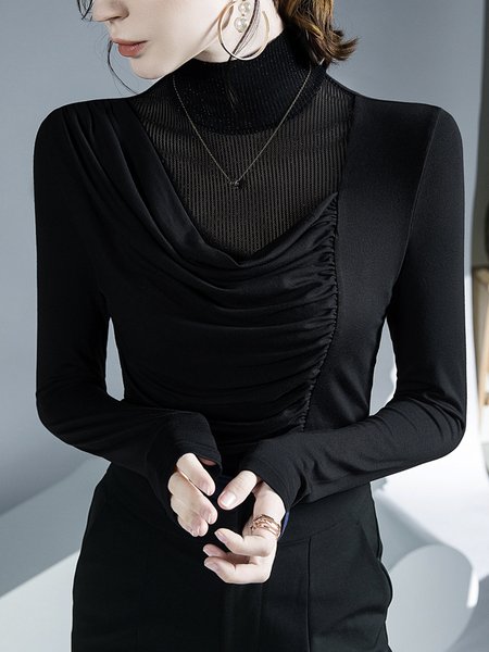

Elegant Turtleneck Tight Long Sleeve Plain Top, Black, Linen Tops