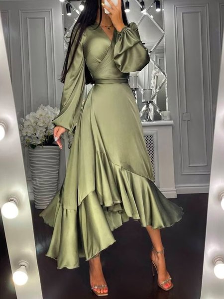

Regular Fit Plain Satin Elegant Flouncing Dress, Green, Maxi Dresses