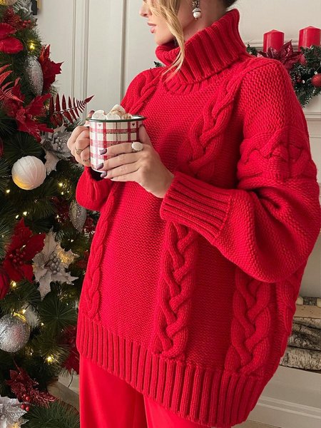 

Loose Turtleneck Elegant Plain Sweater, Red, Pullovers