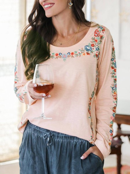 

Loose Crew Neck Boho Knitted T-Shirt, Multicolor, Tops