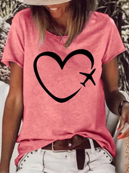 

Women's Heart Airplane Print Letters Casual Crew Neck T-Shirt, Red, T-shirts