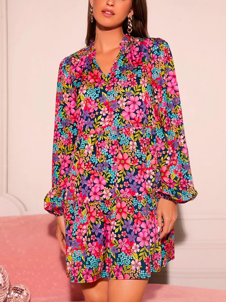 

Loose Boho V Neck Floral Dress, Multicolor, Dresses