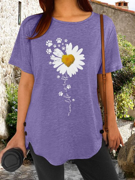 

Women's Paw Flower Print Letters Crew Neck Casual T-Shirt, Purple, T-shirts