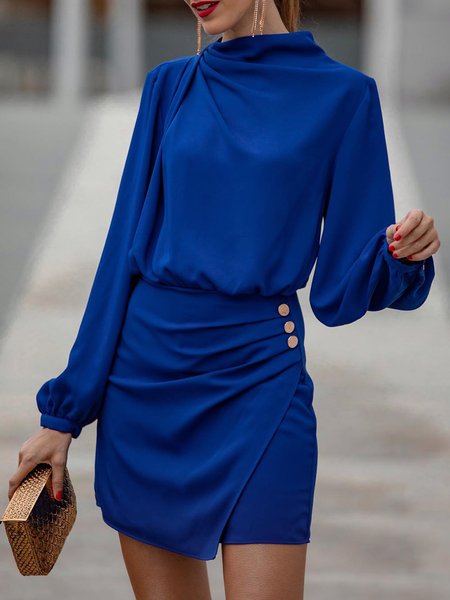 

Regular Fit Elegant Plain Ruched Dress, Blue, Mini Dresses