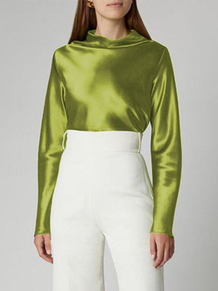 

Plain Satin Elegant Stand Collar Loose Blouse, Green, Blouses and Shirts