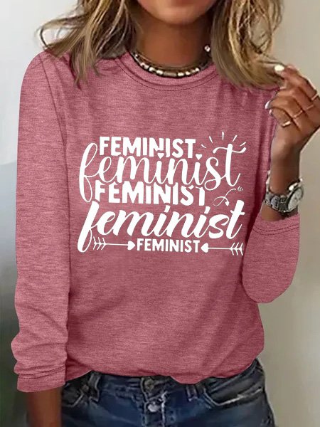 

Feminist Loose Casual Pink T-Shirt, Long sleeve tops