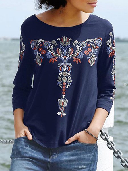 

Casual Regular Fit Crew Neck Ethnic T-Shirt, Dark blue, T-Shirts