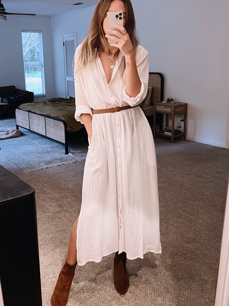 

Button-down crepe shirt cotton and linen resort dress, White, Dresses