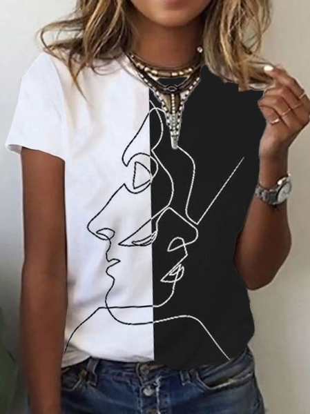 

Casual Abstract Regular Fit T-Shirt, Black-white, Tops