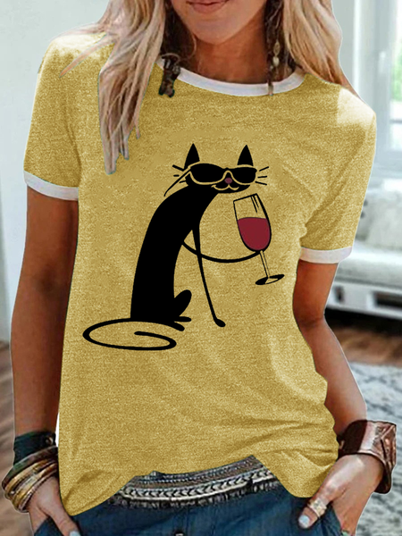

Women's Black Cat And Wine Regular Fit Simple T-Shirt, Yellow, T-shirts
