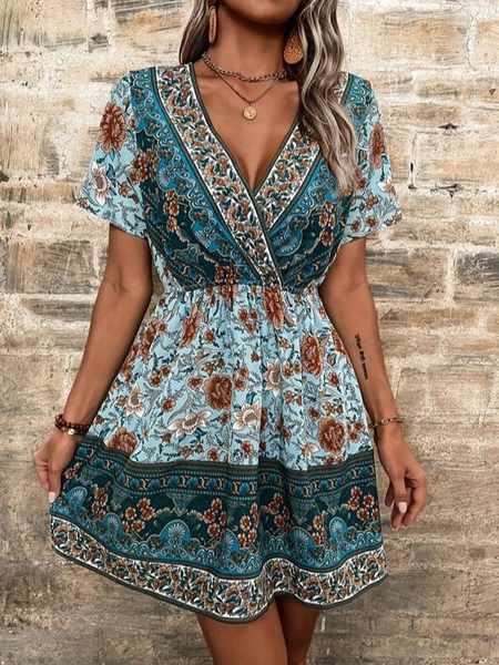 

Floral Casual V Neck Loose Dress, Blue, Dresses