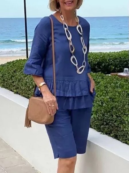 

Casual Loose Crew Neck Lace Solid Color Top, Dark blue, Suit Set
